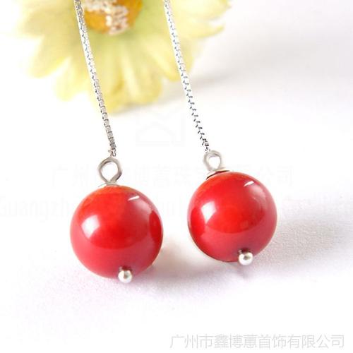 耳畔流光 925纯银红色圆珠长款耳环，演绎东方女性的个性与雅致